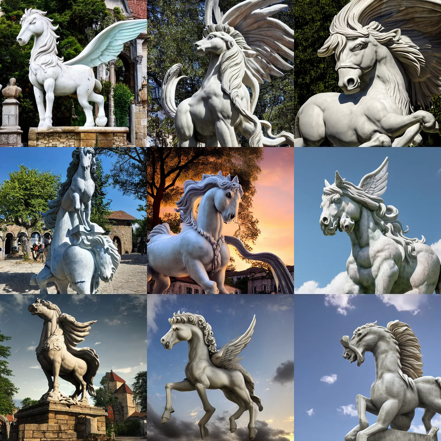 Prompt: Gigantic marble statue of a Pegasus located at the main square of a medieval village. Fantasy, digital art, HD, 4k, 8k, detailed.