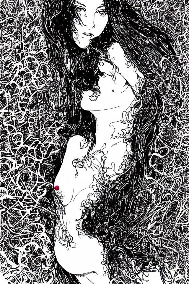 Prompt: beautiful woman at the entrance of the temple of desire by sergio toppi and apollonia saintclair