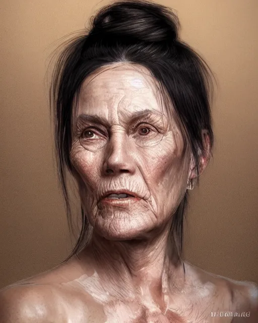 Image similar to portrait 6 0 - year - old woman, tall, severe - looking, with dark hair tied up in a bun, hyper realistic face, beautiful eyes, character art, art by mark brooks, hyperdetailed, cryengine, trending on artstation, digital art