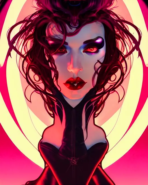 Prompt: low angle closeup beautiful very seductive satanic witch, retro scifi goddess pinup, action glamour pose, windblown dark hair, hyper detailed, digital art, studio lighting, smooth, ambient lighting, sharp focus, frank miller, wlop, anna dittmann, moebius!, alphonse mucha, patrick nagle!!, rim lighting, synthwave