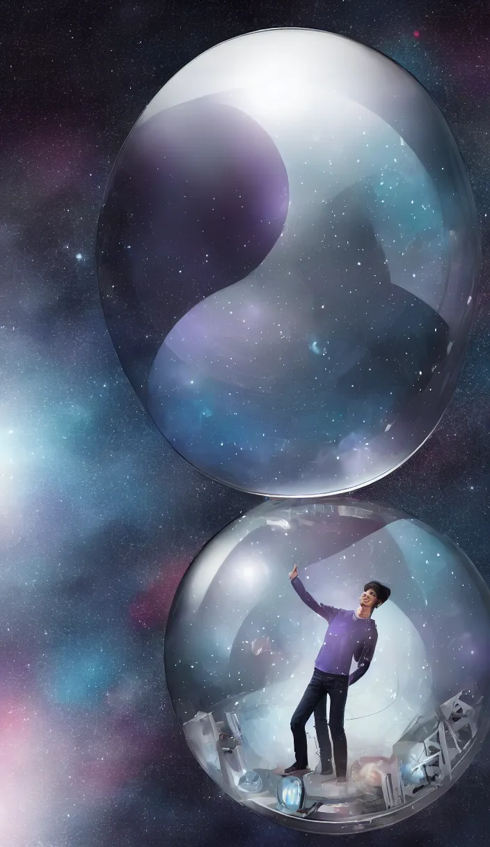 Prompt: a young man alone in an enormous transparent spherical capsule in the middle of outer space, digital art