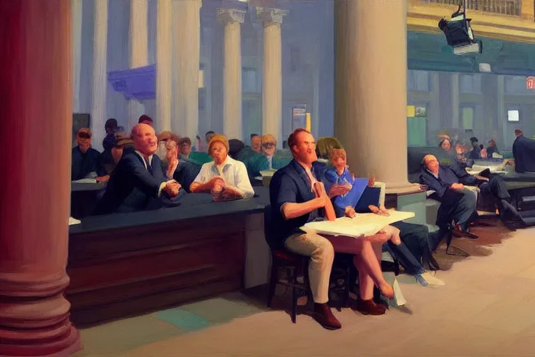 Image similar to bears screaming on the floor of the NYSE as the markets rally to all-time-highs, painting by Edward Hopper, 3D rendering by Beeple, lead guitar by Betty White