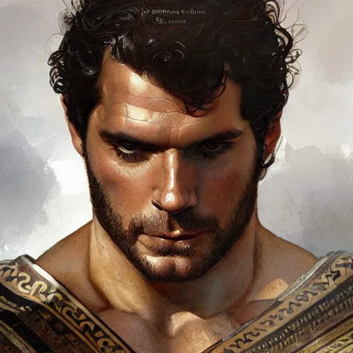 Image similar to henry cavill as a greek gladiator, gorgeous, amazing, muscular, intricate, highly detailed, digital painting, artstation, concept art, sharp focus, illustration, art by greg rutkowski and alphonse mucha