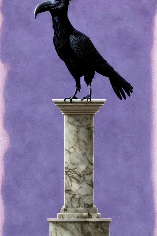 Prompt: raven perched on the shoulder of a realistic marble bust of a beautiful woman on a pedestal, by wayne barlowe, peter mohrbacher, kelly mckernan, james o barr