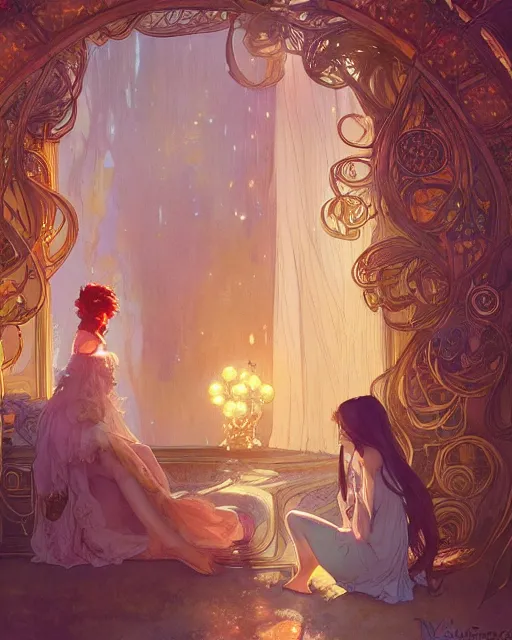 Image similar to secret romance, highly detailed, gold filigree, romantic storybook fantasy, soft cinematic lighting, award, disney concept art watercolor illustration by mandy jurgens and alphonse mucha and alena aenami, pastel color palette, featured on artstation