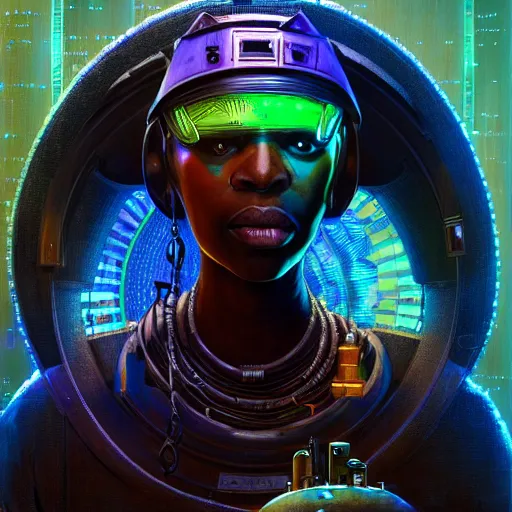 Image similar to a dogon cyberpunk hacker, steampunk stargate by greg rutkowski and android jones in a surreal portrait style, oil on canvas, ancient cyberpunk 8k resolution