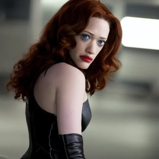 Image similar to a still of kat dennings as black widow in iron man 2 ( 2 0 1 0 ), detailed eyes