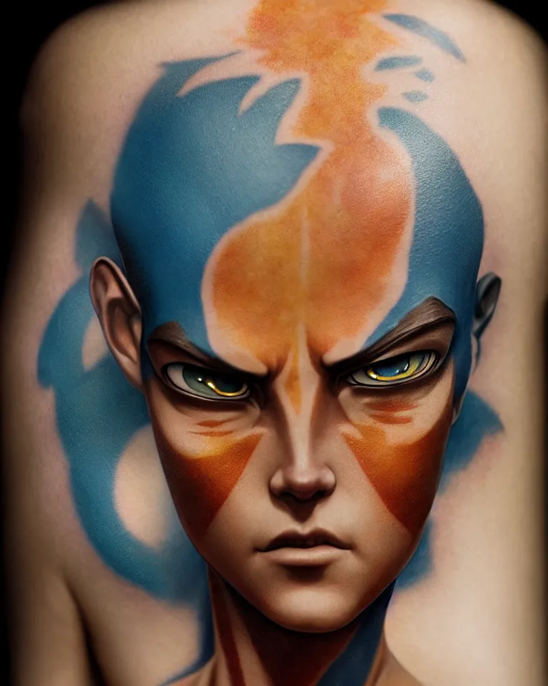 Image similar to avatar aang glowing tattoo,digital art,ultra realistic,ultra detailed,art by greg rutkowski sacha goldberger,hyperdetailed,detailed face,professional lighting,dramatic,3 point lighting