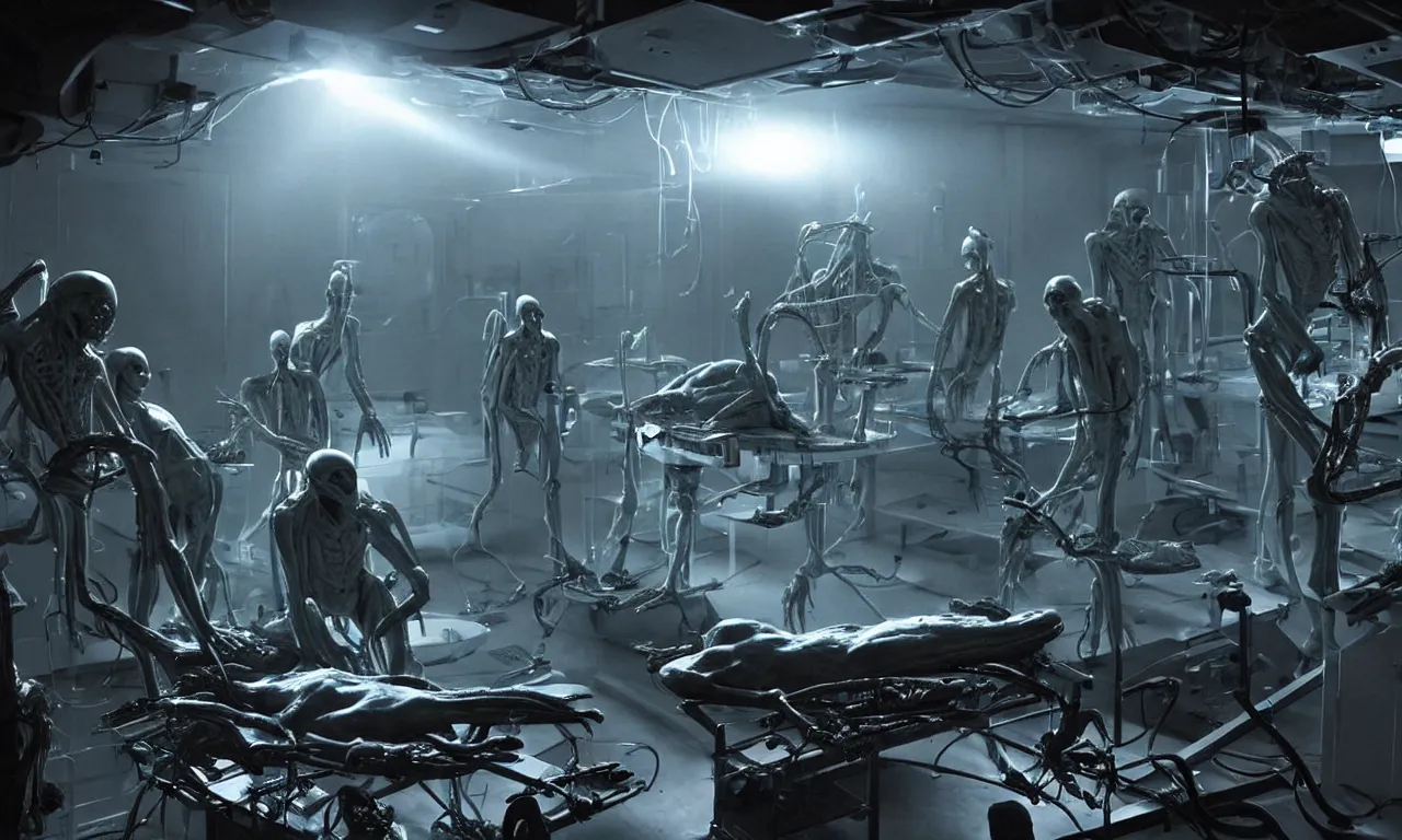 Prompt: aliens making autopsy of human in dark alien spaceship laboratory, with electric arc devices, lightnings, dramatic shadows cast on dirty ground, showcases full of embryos, soft smoke, volumetric lighting, subsurface scattering, dramatic lighting, high detail, from new scifi by digital domain and weta digital, strong ambient occlusion, matrix movie color grading