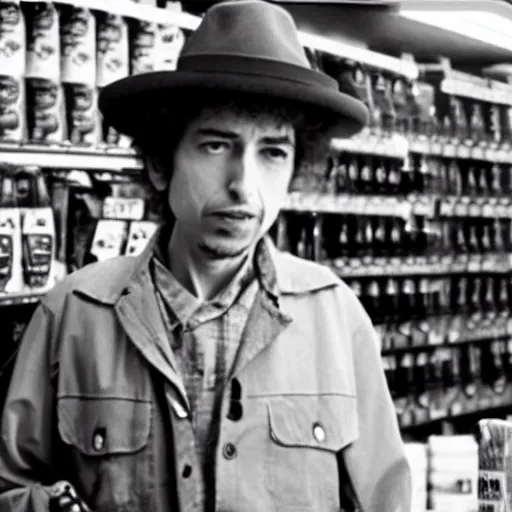 Image similar to bob dylan pointing a gun at a convenience store cashier, security camera footage