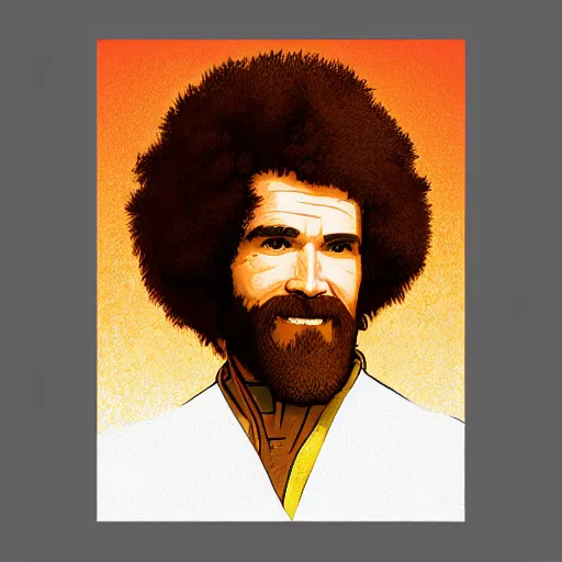 Prompt: an ultra detailed vector image of bob ross dressed as solaire of astora, concept art by alphonse mucha and greg rutkowski, bright red desert sands, bright yellow and red sun, octane render, praise the sun