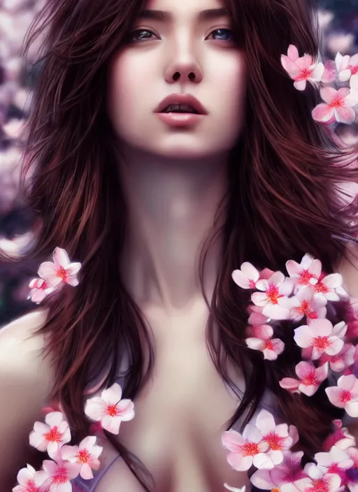 Image similar to photo of a gorgeous female with messy hair in the style of stefan kostic, realistic, body shot, sharp focus, 8 k high definition, insanely detailed, intricate, elegant, art by stanley lau and artgerm, cherry blossoms