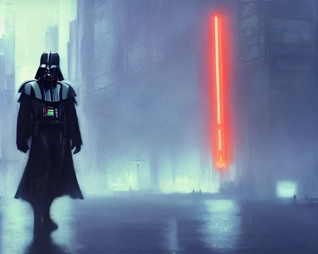 Image similar to 2 0 1 8 blade runner movie still darth vader look at the cityscape from roof perfect face fine realistic face pretty face reflective polymer suit tight neon puffy jacket blue futuristic sci - fi elegant by denis villeneuve tom anders zorn hans dragan bibin thoma greg rutkowski ismail inceoglu illustrated sand storm alphonse mucha