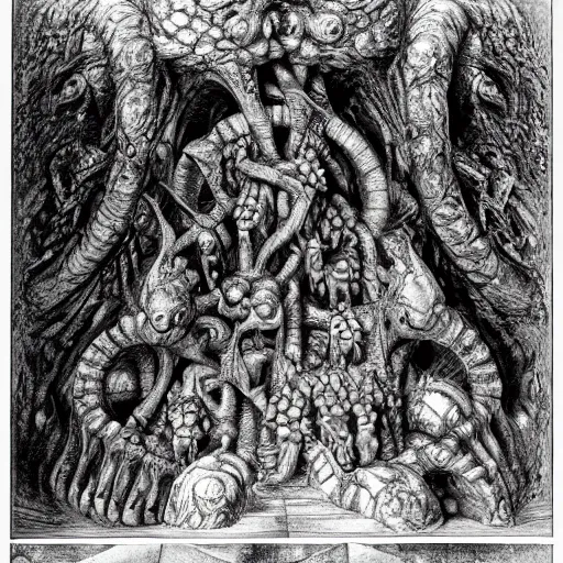 Image similar to the entrance of tartarus, ornate, ominous, weapons, mossy, lava, underworld, low angle, warped drive through the gates of hell, reality of non - euclidean eldritch geometric biomechanical taxonomic forms by rodin, hr giger, ernst haeckel, mc escher and junji ito.