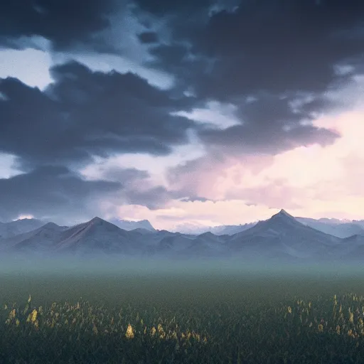 Image similar to nature panorama,view of far mountains,heatmap clouds,octane render