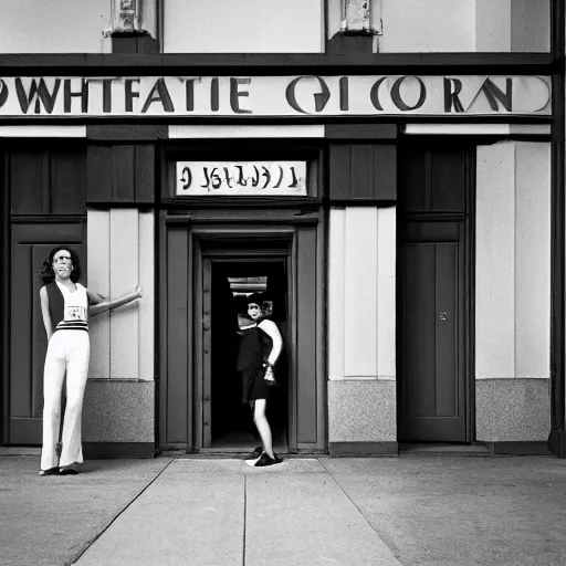 Prompt: detailed professional photographic portrait of young Sigourney Weaver wearing a white singlet and her cat moving apartment New York City 1983, building entrance way Art Deco,, cinematic feel, high octane