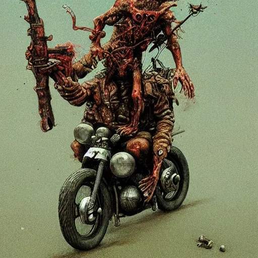 Image similar to epic wizard riding motorcycle through zombie infested apocalyptic city, highly detailed beksinski art