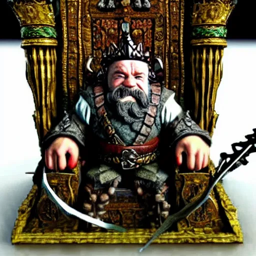 Prompt: dwarf king sitting in his throne room. ultra realistic. highly detailed.