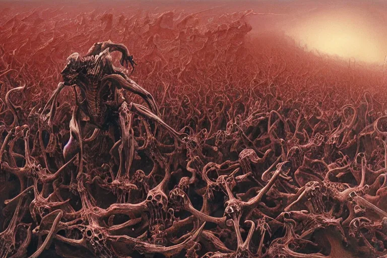 Image similar to ultra-detailed painting by zdzisław beksiński of blood lord fighting black angel made out of bones in the battle between blood humans and undead elves in the bone valley, hd, 8k ,ultra-detailed, dynamic lighting
