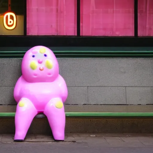 Prompt: Mr Blobby sitting depressed in a smoky cafe