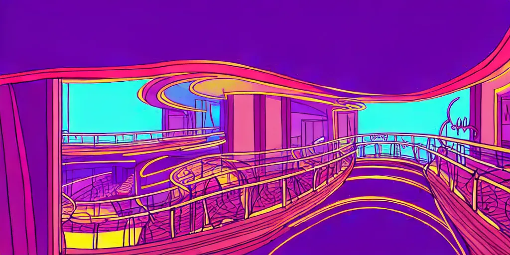 Prompt: curly perspective digital art of minimalistic indoor top floor of a casino with a balcony to the ground floor by anton fadeev from ( nightmare before christmas )!!!!!!!!!!