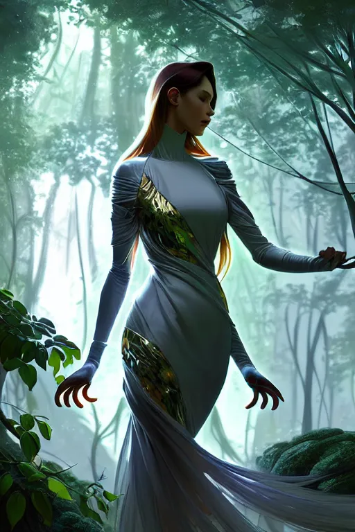 Image similar to beautiful digital painting of a stylish futuristic female forest with high detail, 8 k, stunning detail, works by artgerm, greg rutkowski and alphonse mucha, unreal engine 5, 4 k uhd