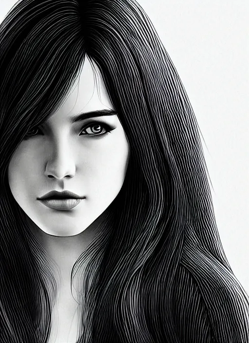 Image similar to full body portrait of a beautiful young woman in black and white, photorealistic, hair down to waist, sharp focus, in the style of Kevin Kostic, Stephen Lau and artgerm, hyper sharp focus, 8k highly detailed