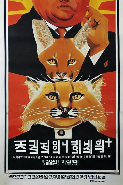 Image similar to north korean propaganda poster, caracal cat, big floppa, dictator, caracal as great ruler, leader, god emperor, fascist propaganda, ( ( human ) )