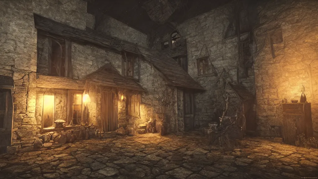 Prompt: A witch in the shadows of a dark decrepit medieval cottage at night, highly detailed interior, hyperrealistic, V-Ray render, 8k UHD