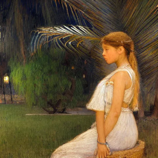 Image similar to a ultradetailed beautiful painting of a girl at night on the amazonas palace by jules bastien - lepage, hans belmer, frank weston and gustave baumann, trending on artstation, mediterranean, palm trees, light sparkles, sharp focus, soft light, 8 k 4 k