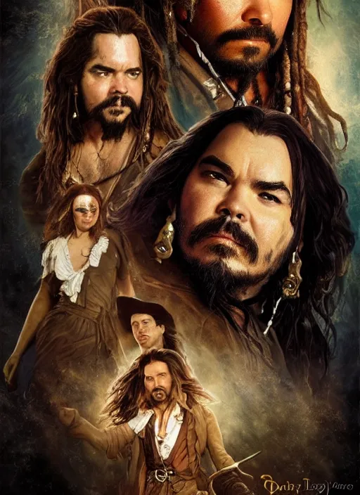 Image similar to a beautiful painting portrait movie poster of Matt Berry in Pirates of the Carribean 6, matte painting, fantasy art, dark but detailed digital art, highly detailed, a masterpiece trending on artstation. Robert Sheehan as a young but messy pirate and layabout in this HD preview poster