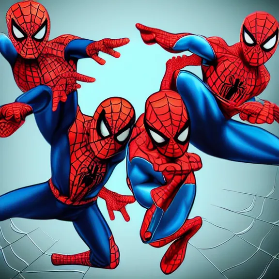 Image similar to two spiderman poiting at each other, cartoon, high resolution, surprise, drawing