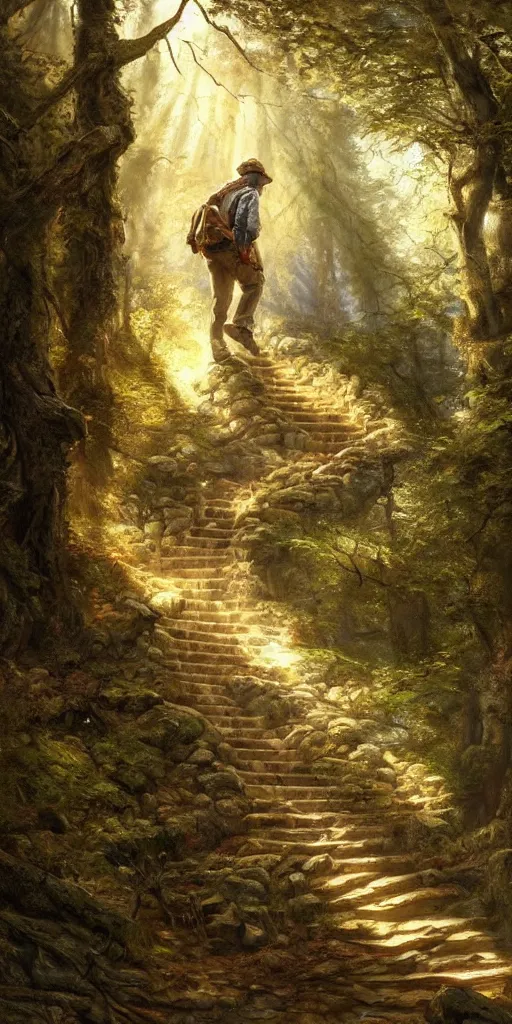 Image similar to a man walking up a steep and winding staircase, in beautiful woods, intricate, dappled lighting, elegant, highly detailed, oil painting, artstation, concept art, sharp focus, beautiful illustration, society, by justin gerard and artgerm, 4 k