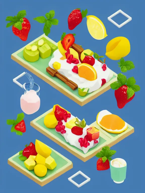 Prompt: miniature isometric diorama of yogurt with fruits, colorful