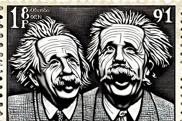 Image similar to goofy engraved portrait of albert einstein sticking tongue out, detailed!!! duotone engraving in the style of a postage stamp, freemason symbol, fine!!! lines, engraved by m. c. escher