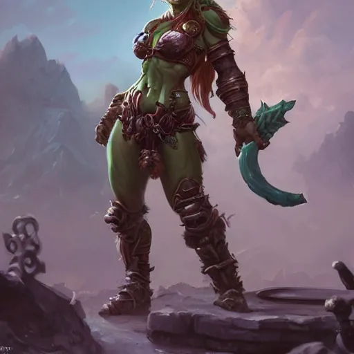 Image similar to a full character portrait of a toned physique green orc woman with a ponytail in full plate armor, world of warcraft, by greg rutkowski, wlop, astri lohne, wei wang, trending on artstation