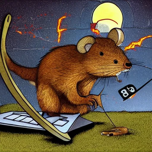 Prompt: a giant rodent kicks an imac monitor. folk horror style art