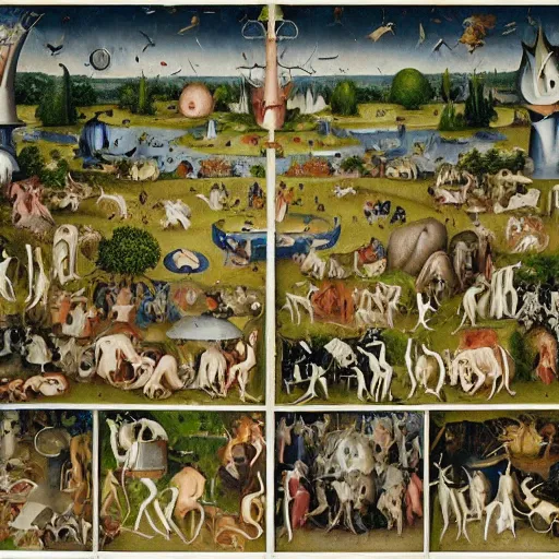 Prompt: a modern take on bosch garden of earthly delights, cross section detailed view