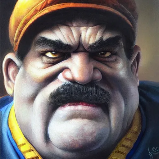 Image similar to An ultra realistic portrait painting of Wario in the style of Frank Frazetta, 4k, Ultra realistic, Highly Detailed, Dark Fantasy, Epic Lighting