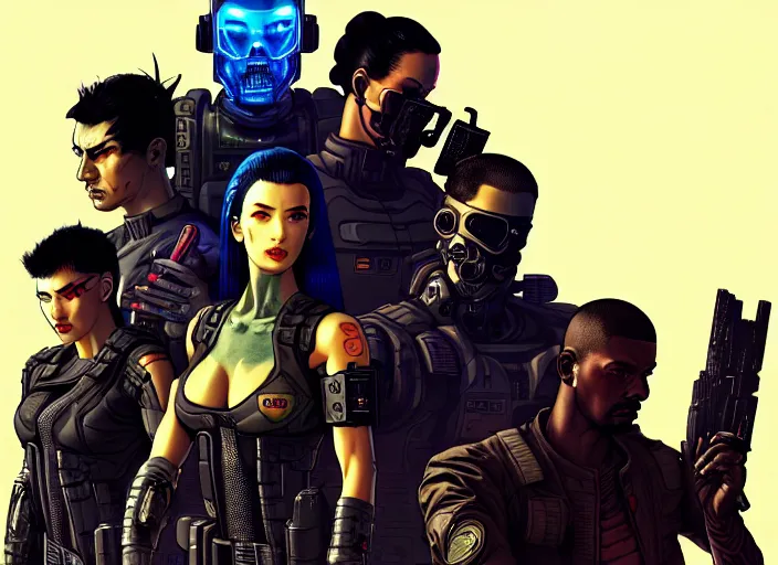 Image similar to cyberpunk blackops samurai squad. portrait by stonehouse and mœbius and will eisner and gil elvgren and pixar. character design. realistic proportions. cyberpunk 2 0 7 7 character art, blade runner 2 0 4 9 concept art. cel shading. attractive face. thick lines. the team. diverse characters. artstationhq.