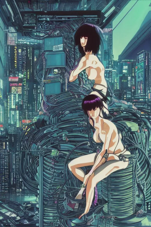 Prompt: cyberpunk anime style illustration of motoko kusanagi seated on the floor, seen from behind with her back open showing a complex mess of cables and wires, by masamune shirow and katsushika hokusai, studio ghibli color scheme
