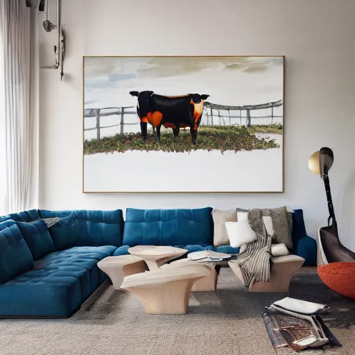 Image similar to interior view of modern futuristic farm barn architecture and interior design, lounge chairs, sofas, cows, chickens, pigs, wall art, detailed luminescent oil painting 4 k