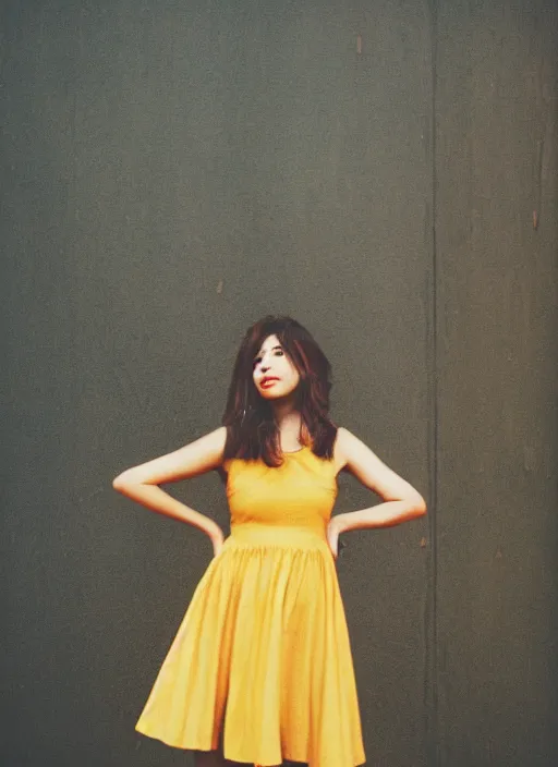 Prompt: portrait photo of a beautiful brown hair woman in a yellow sun dress in downtown Los Angeles, Kodak Portra 400 film