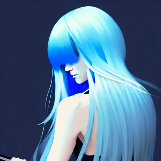 Image similar to low - angle shot from behind of a long light blue - haired girl in a blue tailcoat with a scabbard, combat boots, noir, screenshot, sharp focus, intricate, illustration, cell shaded, digital painting, highly detailed, straight hair, art by ilya kuvshinov, wlop, greg rutkowski, studio quality, james jean
