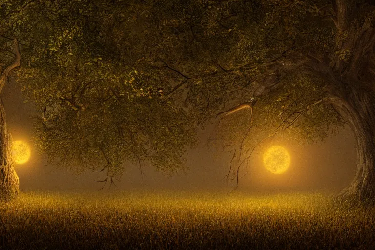 Image similar to masterpiece painting, a giant wooden owl scupted in an oak, fireflies cloud illuminating an old antic oak forest at night, spiral movement, peaceful scene, light fog, 8 k octane render, atmospheric effects, by jean hugo, motion blur, artstation, deviantart