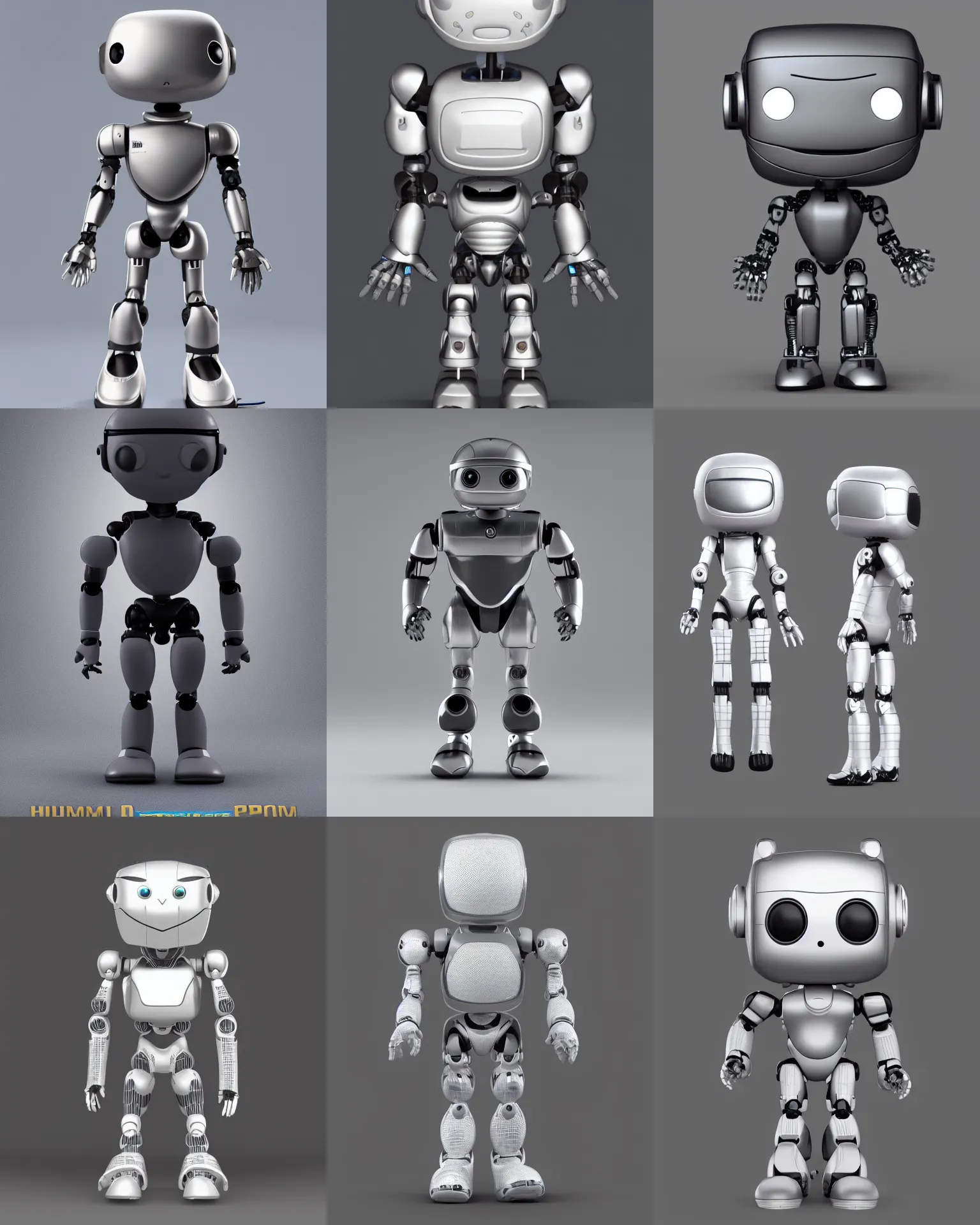Prompt: full body 3 d render of humanoid robot as a funko pop!, studio lighting, grey background, single body, no shadow, blender, trending on artstation, 8 k, highly detailed