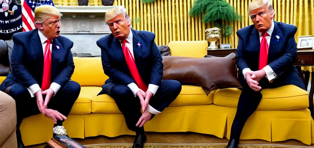 Prompt: donald trump sitting on couch watching his piss tape, golden shower