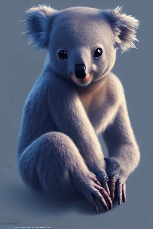 Image similar to super cute Bioluminescent humanoid koala character concept, soft light, soft mood, realistic body features and face, illustration, painting oil on canvas by Elena Zhurikhina and Goro Fujita and Charlie Bowater, octane render trending on artstation, 4k, 8k, HD