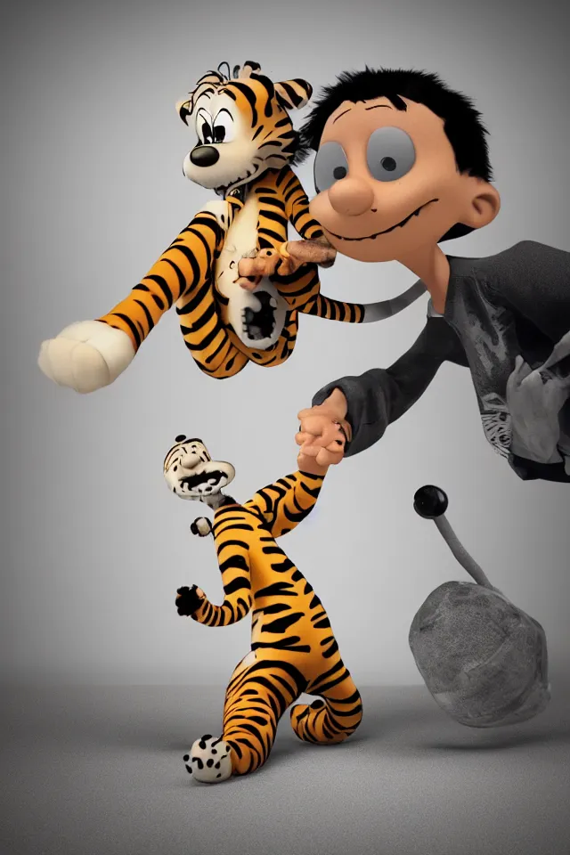 Prompt: calvin and hobbes as realistic adults on crack, octane render