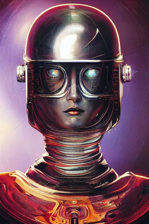 Prompt: retro-futuristic portrait of a beautiful female android in old scratchy chrome armour, wired head, blind eyes, white liquid dripping on it, ornate background, rim light, ornate pattern, glowing eyes, evil expression, high details, intricate details, renaissance painting by vincent di fate, artgerm julie bell beeple, 80s, Smooth gradients, High contrast, depth of field, very coherent symmetrical artwork